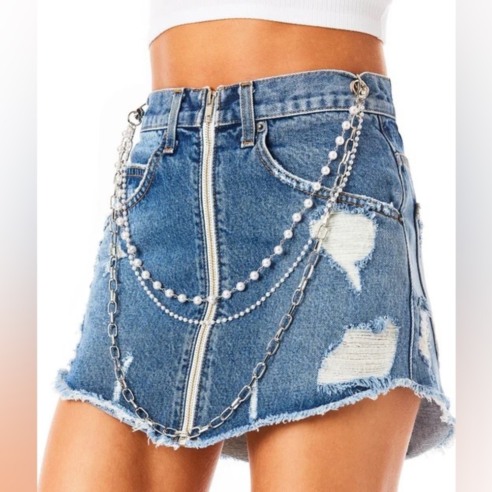 BEATRICE BELLE PEARL CHAIN DENIM SKIRT LF